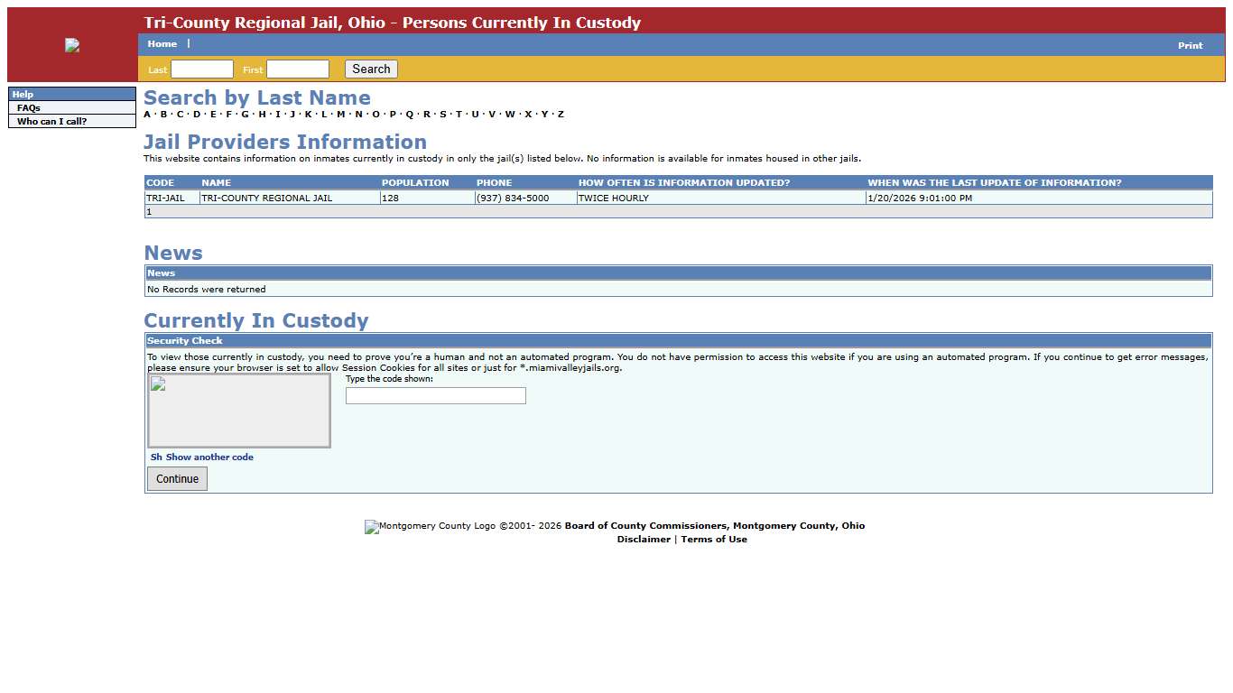 Tri-County Regional Jail, Ohio - Persons Currently In Custody